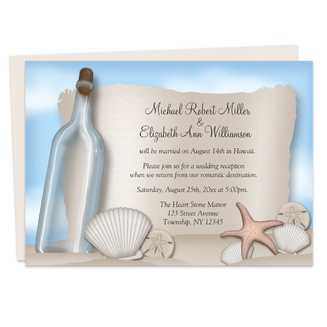 Cartes d'invitation uniquement pour la réception d (Message Bottle Beach Reception Only Invitations from Starzraven on Zazzle. Digital option available.)