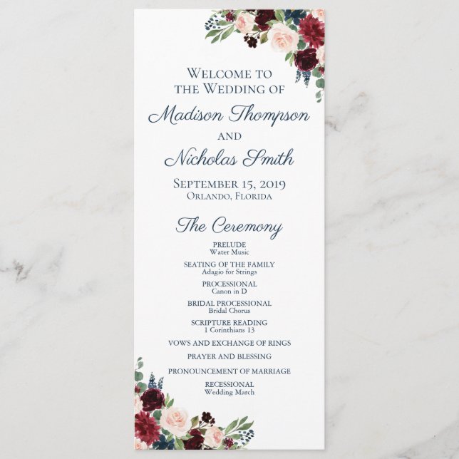 Cartes du programme de mariage avec les fleurs de  (Devant)