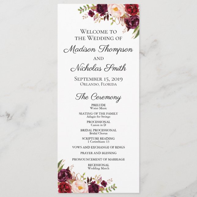 Cartes du programme de mariage avec Marsala et Fle (Devant)