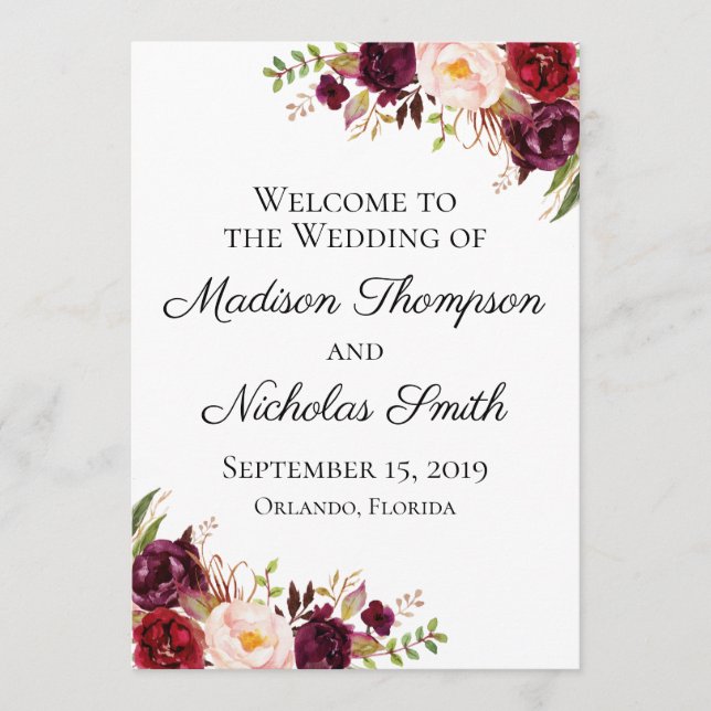 Cartes du programme de mariage floral marsala et r (Devant)