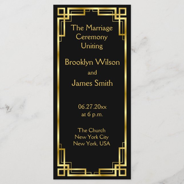 Cartes du programme Mariage Noir et Or Art Déco (Devant)