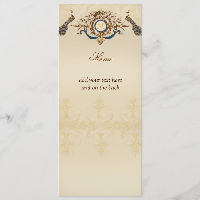 Cartes élégantes de menu de mariage de paon (Devant)