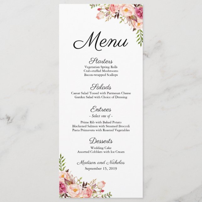 Cartes en rack du menu Mariage rose rustique (Devant)