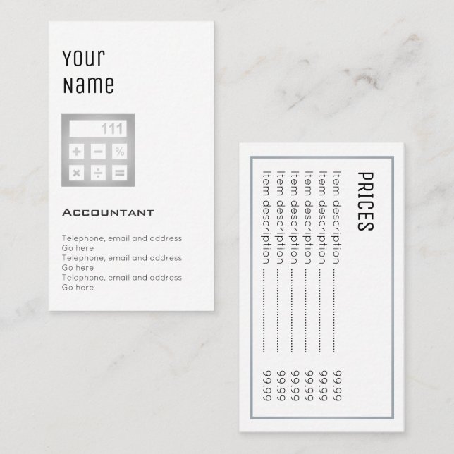 Cartes "essentielles" des prix de comptable (Devant / Derrière)