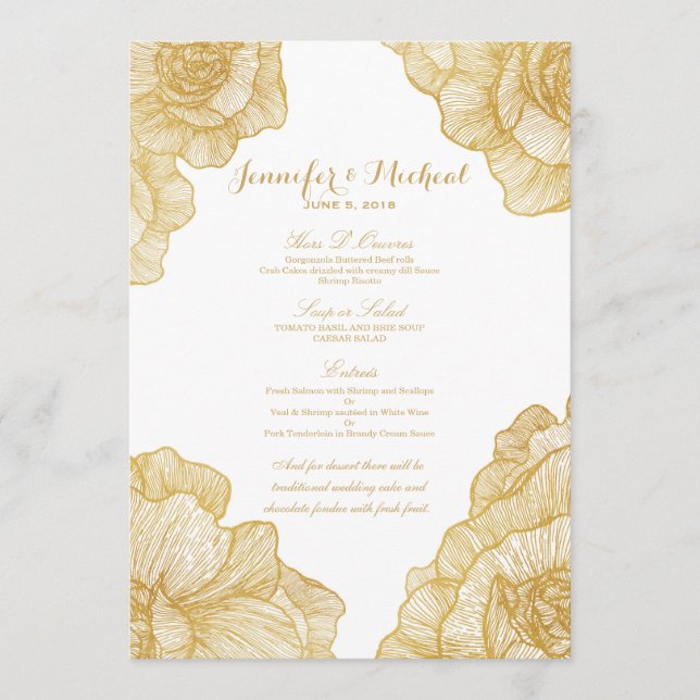 Cartes florales de menu de mariage d'or simple (Devant)