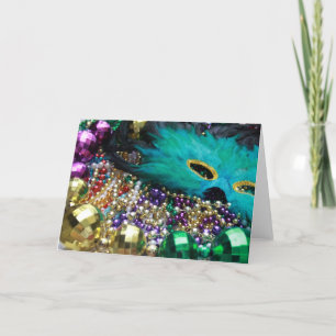Cartes Mardi Gras Beads & Green Feather Mask Card