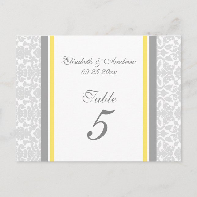 Cartes Numéro de table mariage Lemon Grey Damask (Devant)