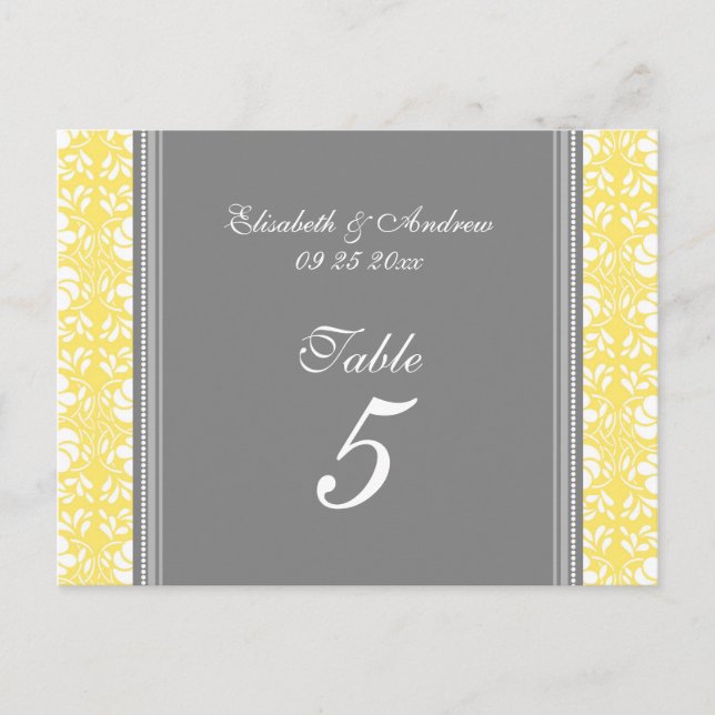 Cartes Numéro de table mariage Lemon Grey Damask (Devant)