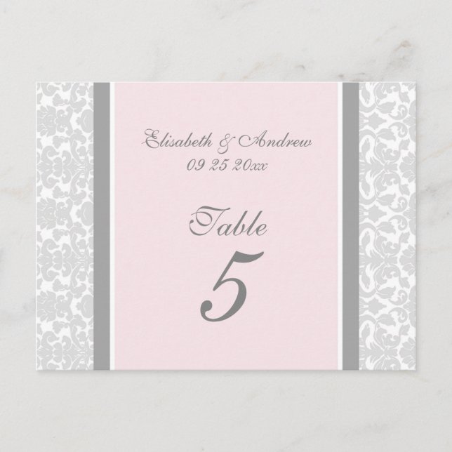 Cartes Numéro De Table mariage Rose Grey Damask (Devant)