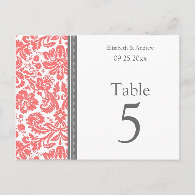 Cartes Numéro de tableau mariage Corail gris (Devant)