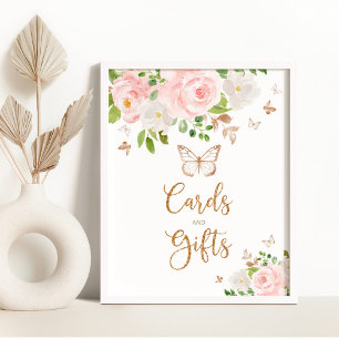 Cartes papillon en or floue et affiche cadeau