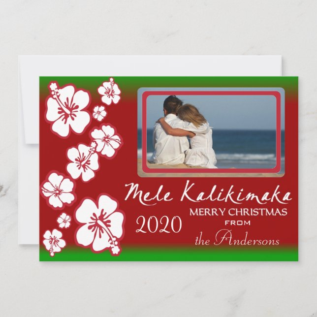 Cartes photo de Noël des hibiscus Hawaii vert roug (Devant)
