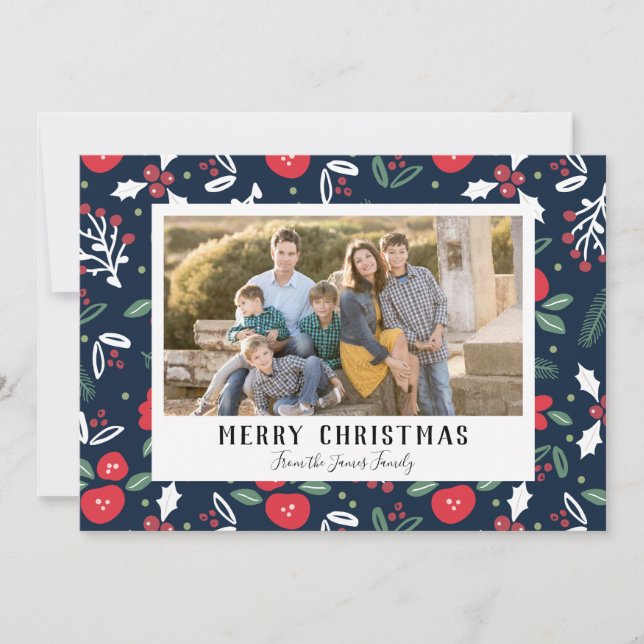 Cartes photo de Noël Floral bleu marine (Devant)
