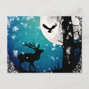 Cartes postale Cerf de l'hiver Lune Hiboux   Forêt