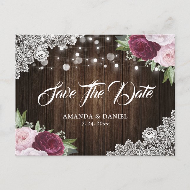 Cartes postales Chic Burgundy Blush Floral Save Th (Devant)