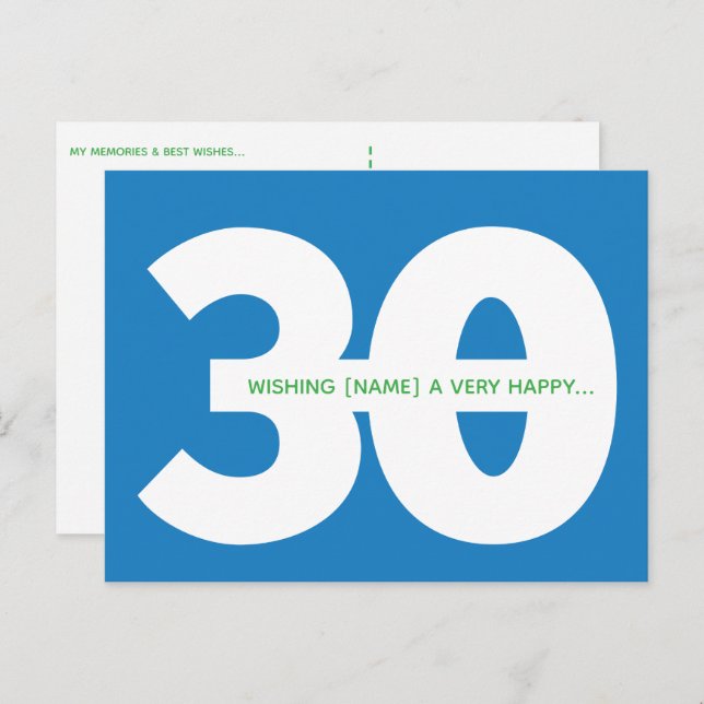 Cartes postales commémoratives de 30 ans en bleu (Devant / Derrière)