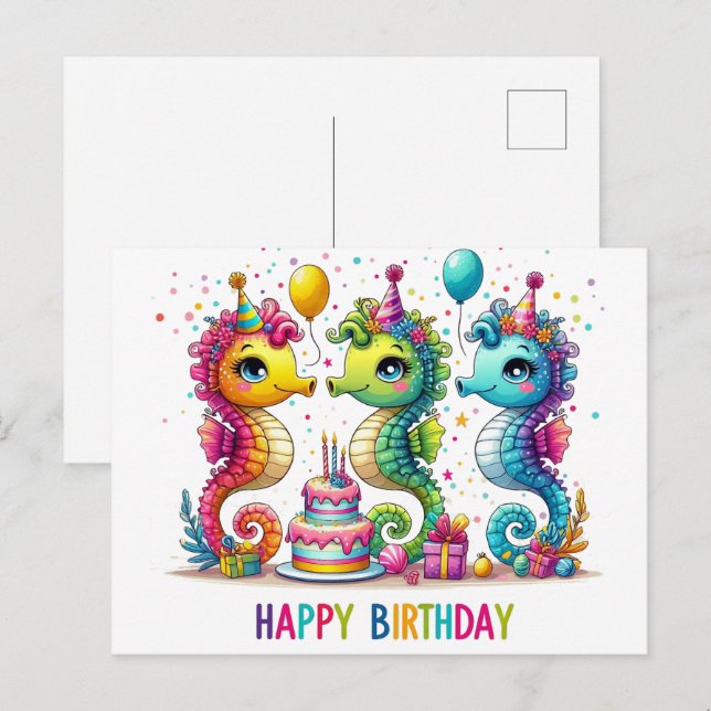 Cartes postales d'anniversaire avec des hippocampe (Devant / Derrière)