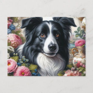 Cartes postales de Border Collie aux roses roses v