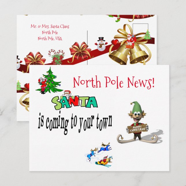Cartes postales de Noël Pôle Nord Père Noël Elf (Devant / Derrière)