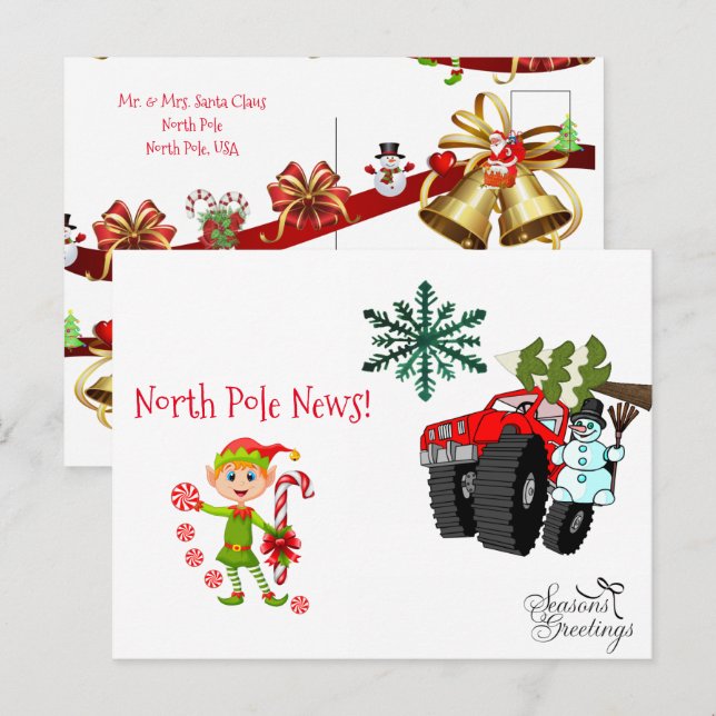 Cartes postales de Noël Pôle Nord Snowman Elf (Devant / Derrière)