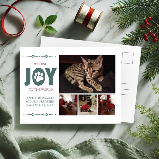 Cartes postales de Noël pour animaux verts (Pet photo Christmas postcards by VG Invites features 1 large photo and 3 small photos)