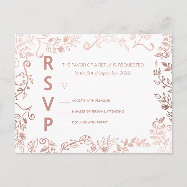 Cartes postales élégantes Rose Or Floral RSVP (Devant)