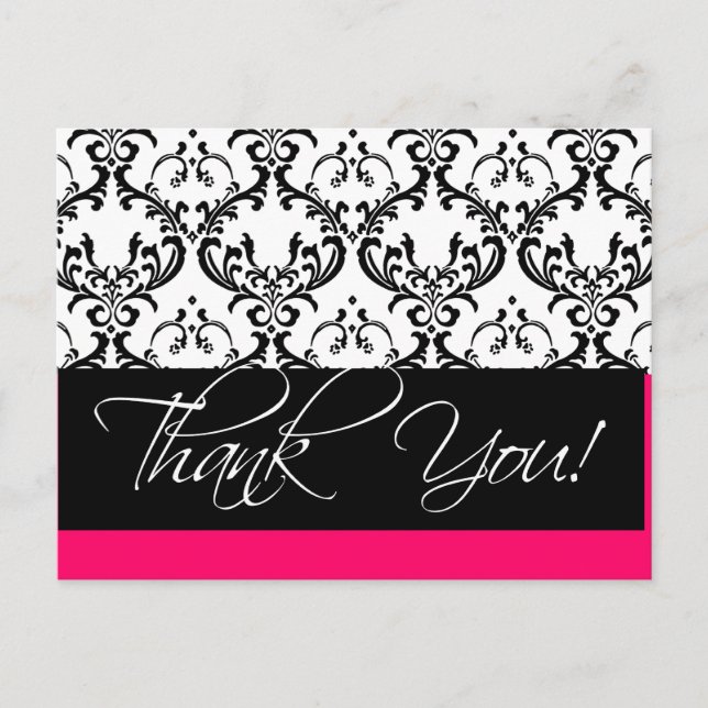 Cartes postales mariage damassé Merci rose (Devant)