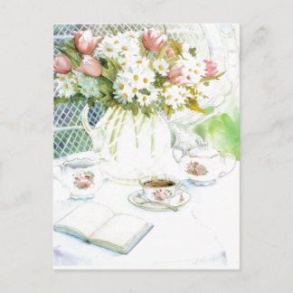 Cartes postales pour marguerites et tulipes et thé
