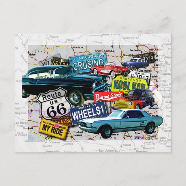 Cartes Postales - Route 66_Voitures Classiques (Devant)