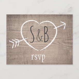 Cartes postales RSVP en bois rustique Coeur élégan