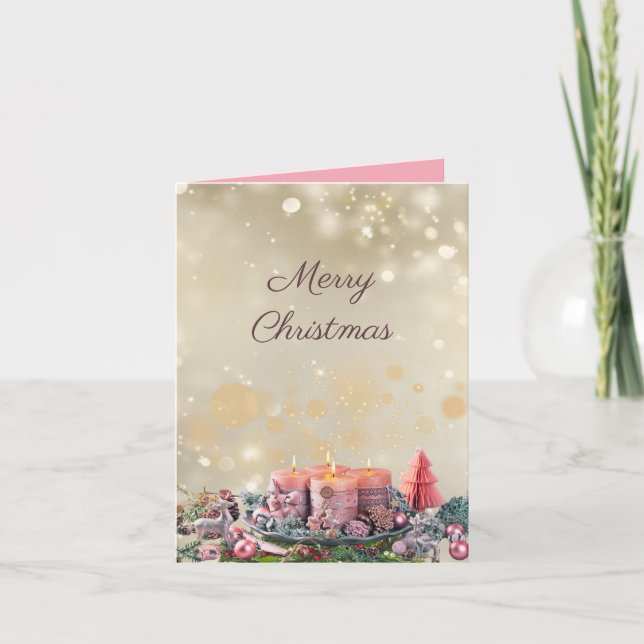 CARTES POUR FÊTES ANNUELLES ゴージャス ゴールド×ピンクのクリスマスカード♡二つ折り (Devant)