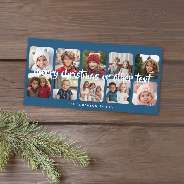 Cartes Pour Fêtes Annuelles 10 Collage photo minimal Joyeux Noël bleu (Add 10 photos to this online Christmas Card. Minimal and simple to use the template.)