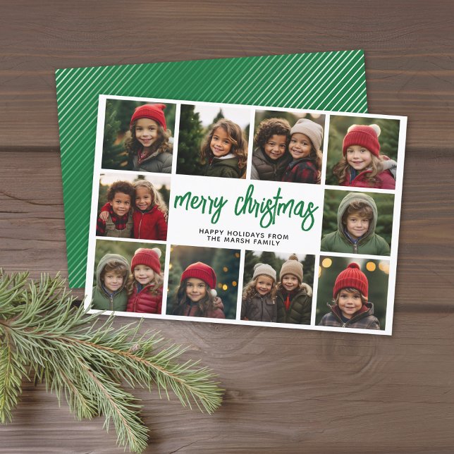 Cartes Pour Fêtes Annuelles 10 Photo Collage - Joyeux Noël Grandes Têtes Verte (10 Photo Modern Christmas Card - Bounce Calligraphy - green background - download option available)