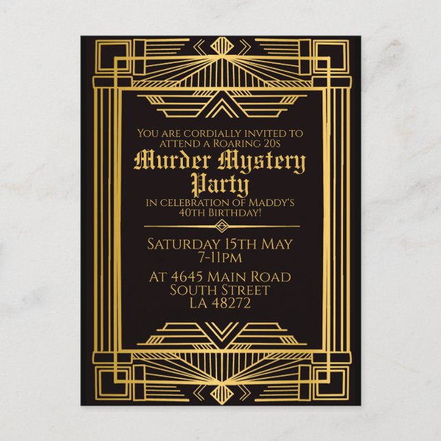Cartes Pour Fêtes Annuelles 1920 art déco meurtre mystère anniversaire invitat (Devant)