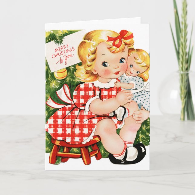 Cartes Pour Fêtes Annuelles 1950 Fille Avec Poupée (Devant)