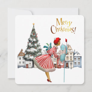 Cartes Pour Fêtes Annuelles 1950 Vintage dame publiant des voeux de Noël