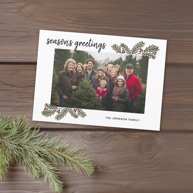 Cartes Pour Fêtes Annuelles 1 Photo avec Branches de pin moderne Calligraphie (Merry Christmas Card with 1 photo and whimsical branches)
