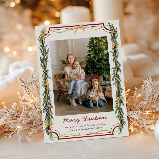 Cartes Pour Fêtes Annuelles 1 Photo Cute Botanique Noël Foliage Gold Bows (Créateur téléchargé)