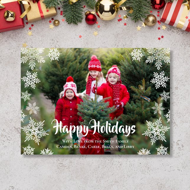 Cartes Pour Fêtes Annuelles 1 Photo Feu de neige (Holiday card with snowflakes and large photo)