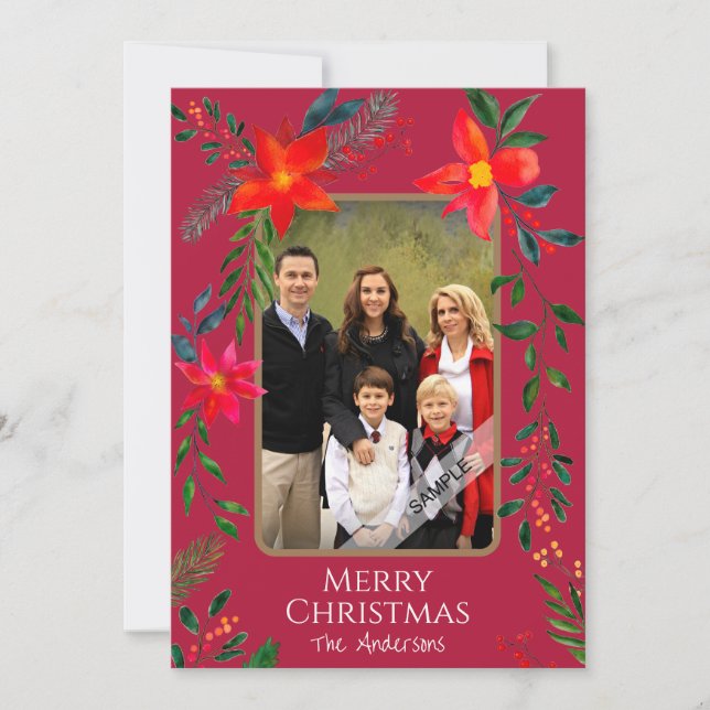 Cartes Pour Fêtes Annuelles 1 Photo Joyeux Noël Aquarelle Fleurs Fêtes (Devant)