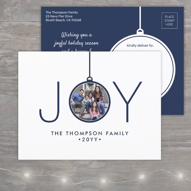 Cartes Pour Fêtes Annuelles 1 Photo Moderne Minimaliste Marine Blue Joy Orname (Créateur téléchargé)