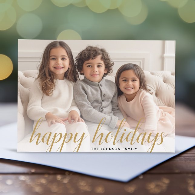 Cartes Pour Fêtes Annuelles 1 Photo Noël Script Gold Damask Happy (Add 1 photo to this Online Christmas Card - A full photo with a modern script overlay.)