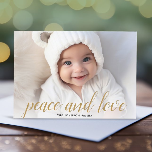 Cartes Pour Fêtes Annuelles 1 Photo Noël Script Gold Damask Peace (Add 1 photo to this Online Christmas Card - A full photo with a modern script overlay.)