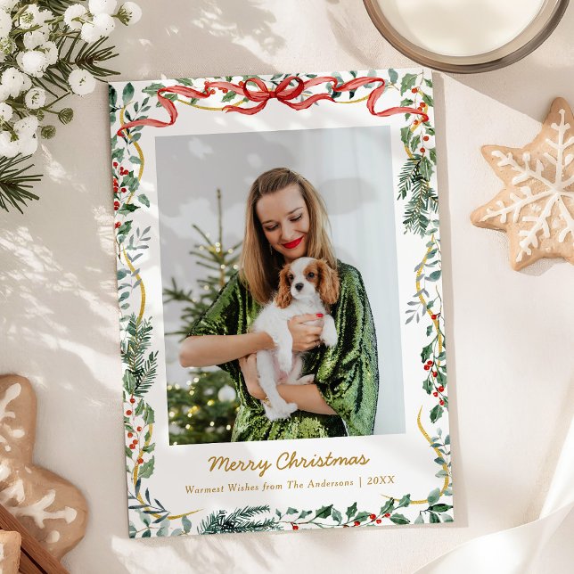Cartes Pour Fêtes Annuelles 1 Photo Noël Végétation hivernale luxuriante & Bow (Créateur téléchargé)