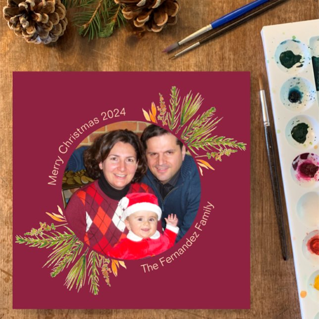 Cartes Pour Fêtes Annuelles 1 Tour Photo Aquarelle Pine Écriture Religieuse (Hand painted watercolor template for your Christmas holiday photo greeting card. Custom Bible Verse)
