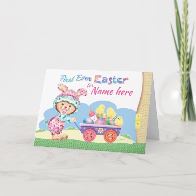 Cartes Pour Fêtes Annuelles 1ère Pâques, Petite Fille, Lapin Laineux avec Oeuf (Devant)