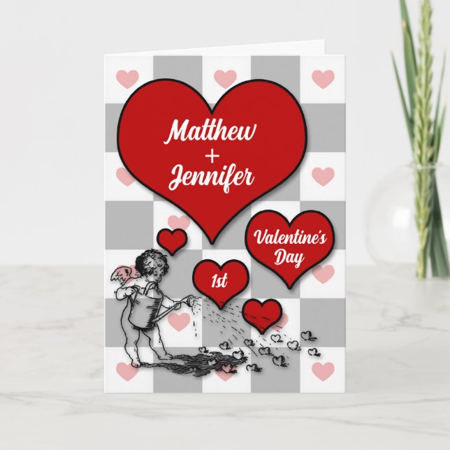 Cartes Pour Fêtes Annuelles 1ère Saint Valentin Coeur Cupidé avec des noms (Devant)
