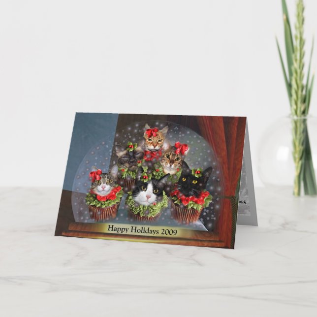 Cartes Pour Fêtes Annuelles 2009HolidayCupcakeCatsSnowglobeFlat (Devant)