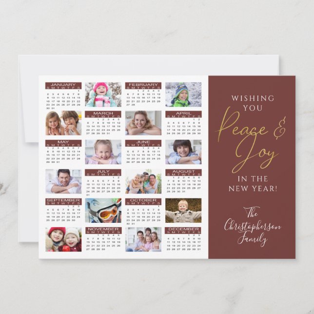 Cartes Pour Fêtes Annuelles 2022 Calendrier Script PAIX ET JOY Photo Collage (Devant)