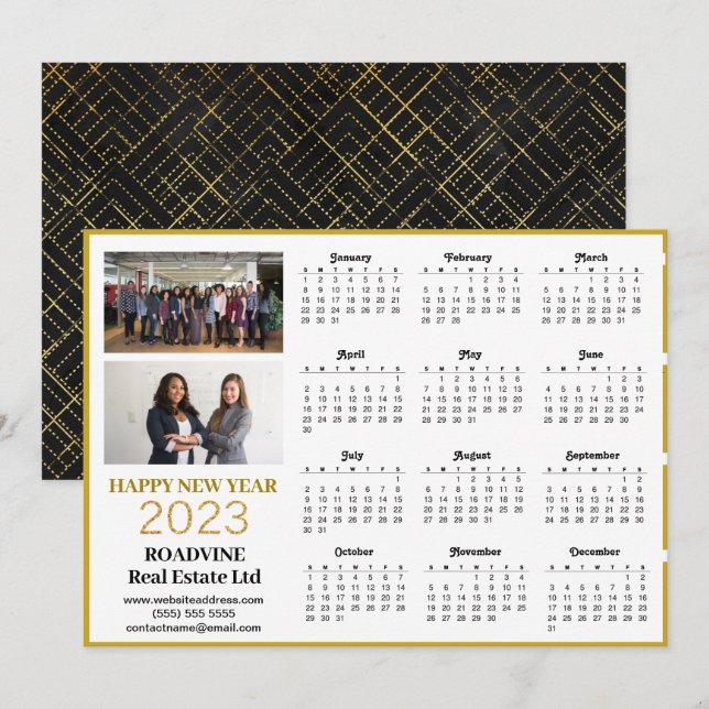 Cartes Pour Fêtes Annuelles 2023 Business Photo Modern Gold Script Calendrier (Devant / Derrière)